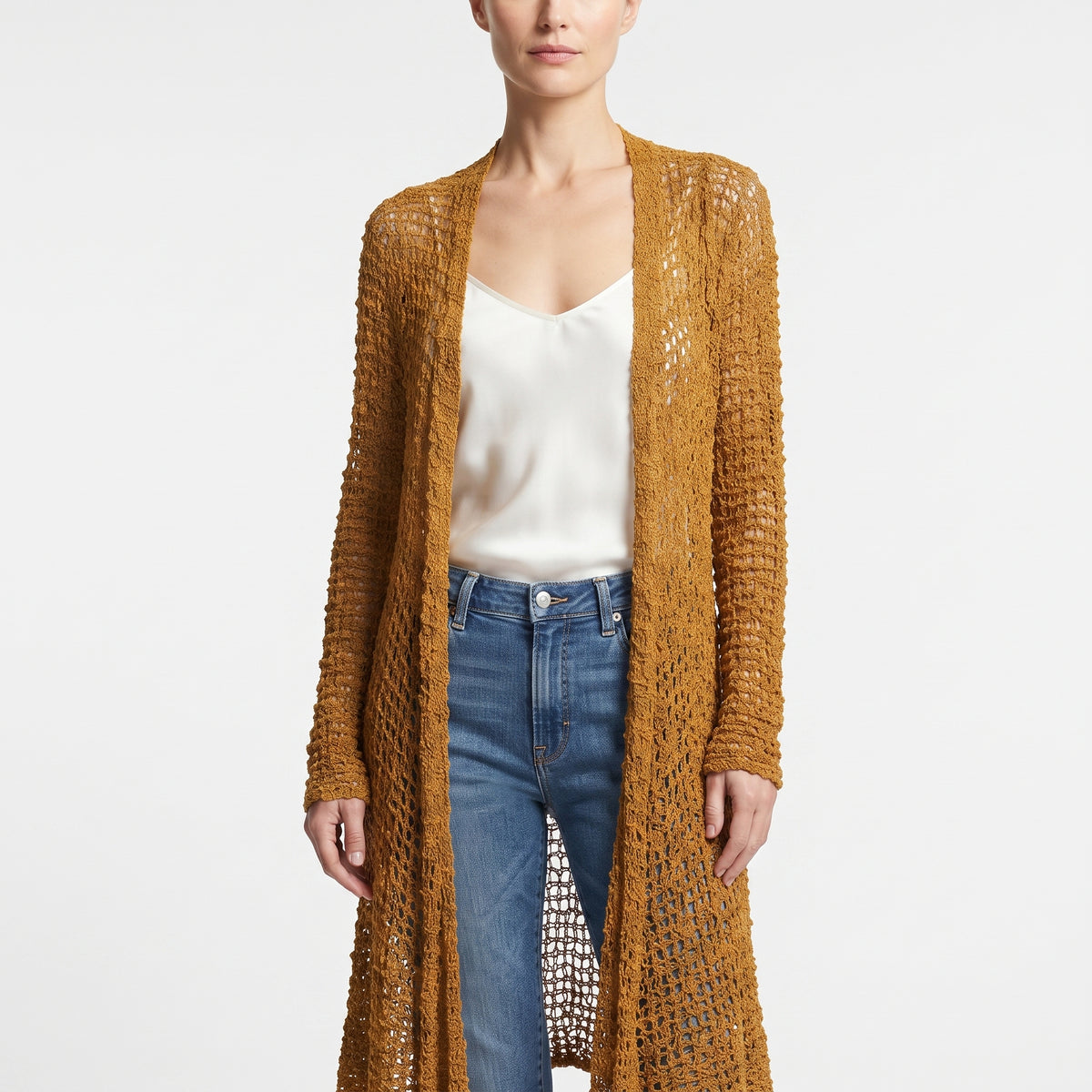 Womens Handmade Boho Crochet Long Sleeve Knit Cardigan Longline Jacket Free Size One Size UK 8-20 - GOLD
