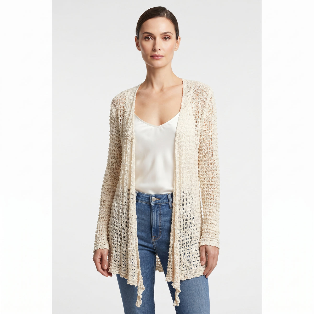 Womens Handmade Boho Crochet Long Sleeve Knit Cardigan Longline Jacket Free Size One Size UK 8-20 - IVORY