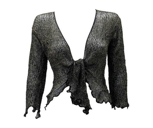 Women's Boho Lurex Knit Shrug Chic Crochet style Cardigan onesize Up To 20 BLACK & GOLD