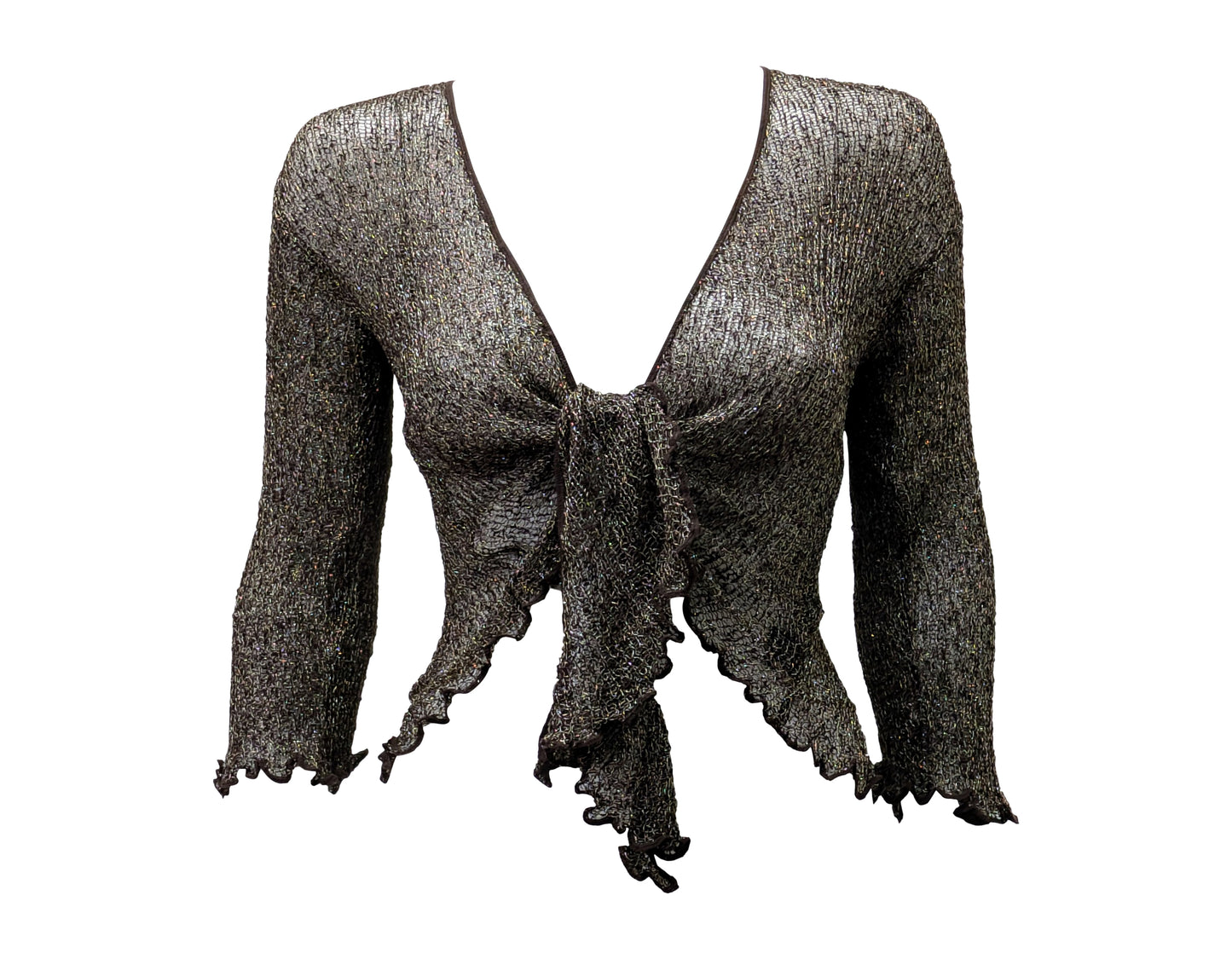 Women's Boho Lurex Knit Shrug Chic Crochet style Cardigan onesize Up To 20 BROWN & GOLD