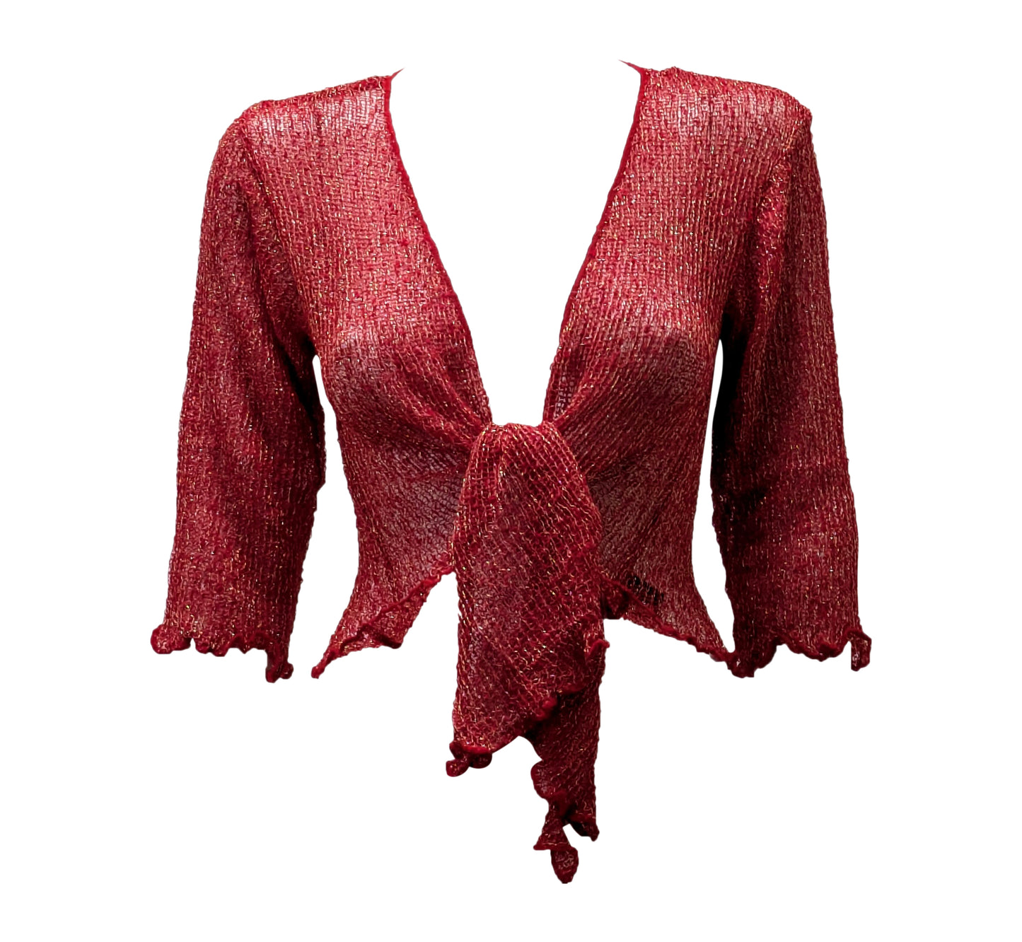 Women's Boho Lurex Knit Shrug Chic Crochet style Cardigan onesize Up To 20 RED & GOLD