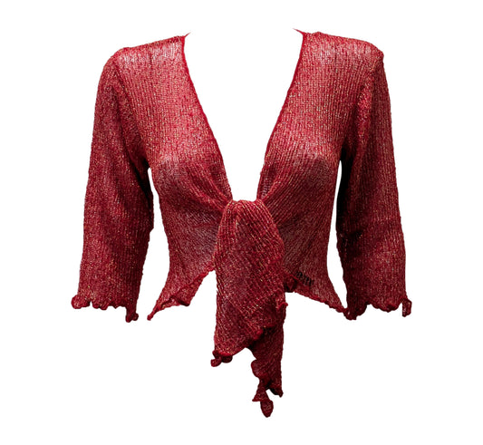 Women's Boho Lurex Knit Shrug Chic Crochet style Cardigan onesize Up To 20 RED & GOLD