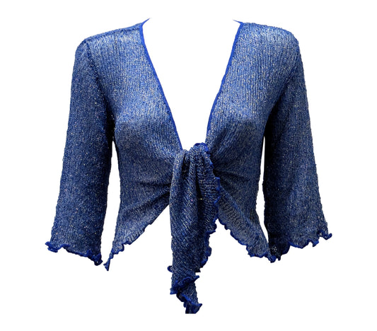 Women's Boho Lurex Knit Shrug Chic Crochet style Cardigan onesize Up To 20 ROYAL BLUE & GOLD
