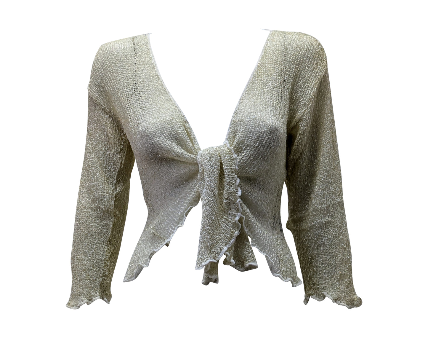 Women's Boho Lurex Knit Shrug Chic Crochet style Cardigan onesize Up To 20 WHITE & GOLD