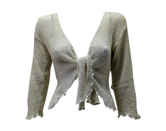 Women's Boho Lurex Knit Shrug Chic Crochet style Cardigan onesize Up To 20 WHITE & GOLD