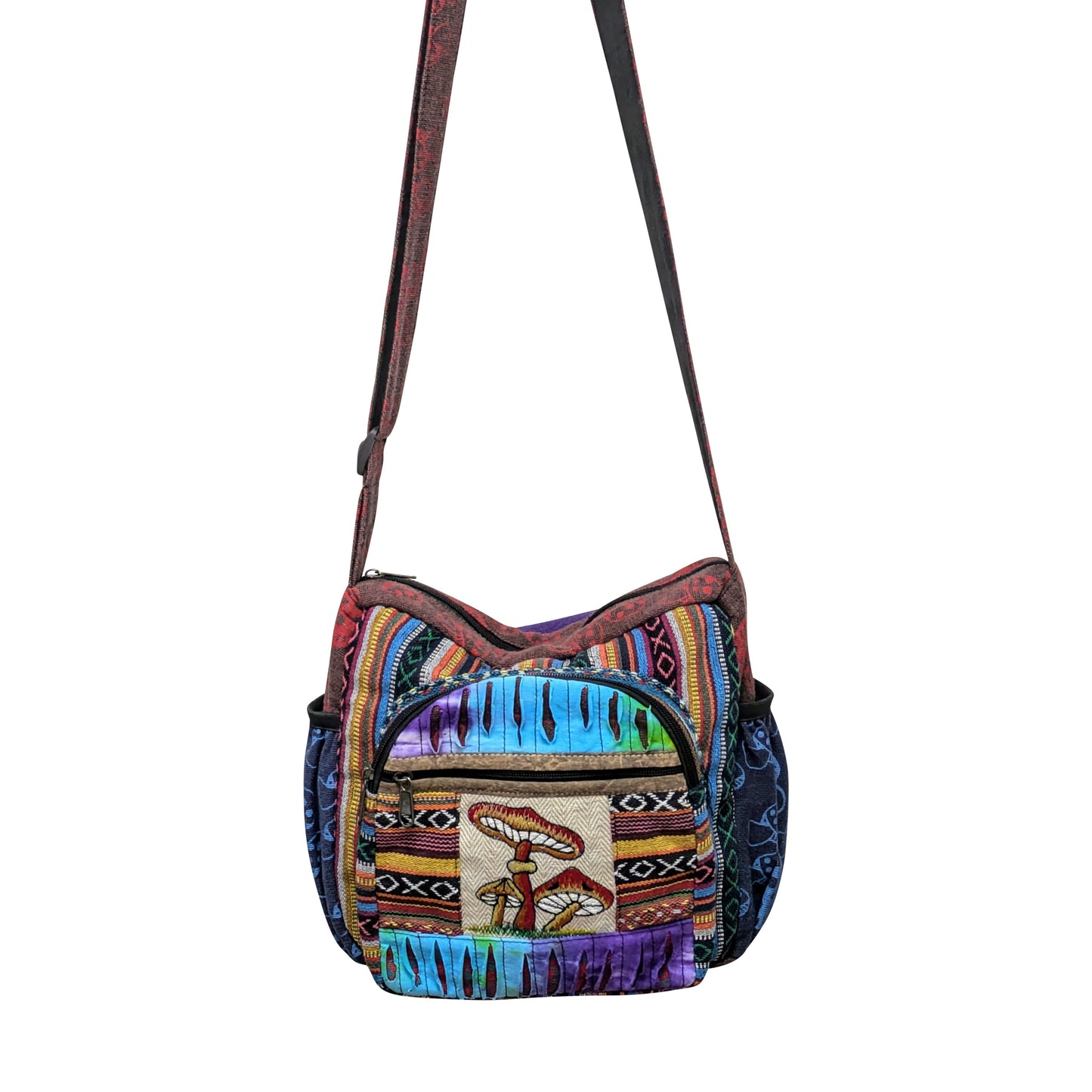 Organic Unique Patchwork CottonEmbriodery Mushroom Multi-Purpose Crossbody Abstract Print Multi Pockets Sustainable Bag P1