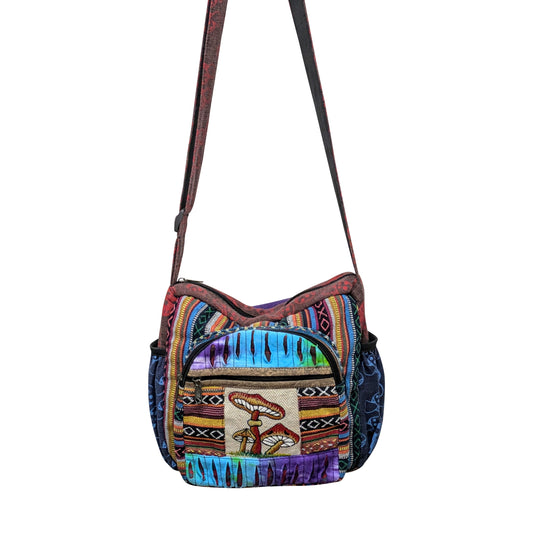 Organic Unique Patchwork CottonEmbriodery Mushroom Multi-Purpose Crossbody Abstract Print Multi Pockets Sustainable Bag P1