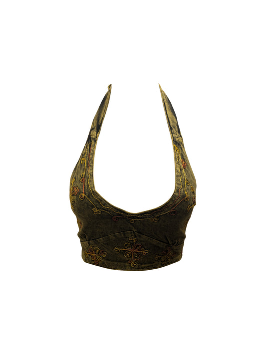 Recycled Women's 100% Cotton Handmade Boho Embroidery Halterneck Tie-Up Wrap Crop Bralette Top Green