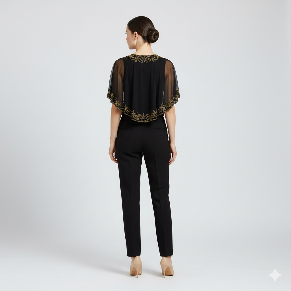Vintage inspired Georgette Beaded Mesh Wedding Bridal Capelet Shawl Flapper Bolero Cover-up Black-Gold