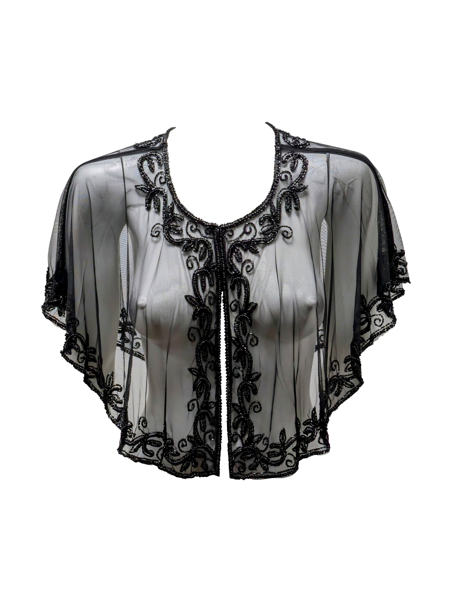 Vintage inspired Georgette Beaded Mesh Wedding Bridal Capelet Shawl Flapper Bolero Cover-up Black