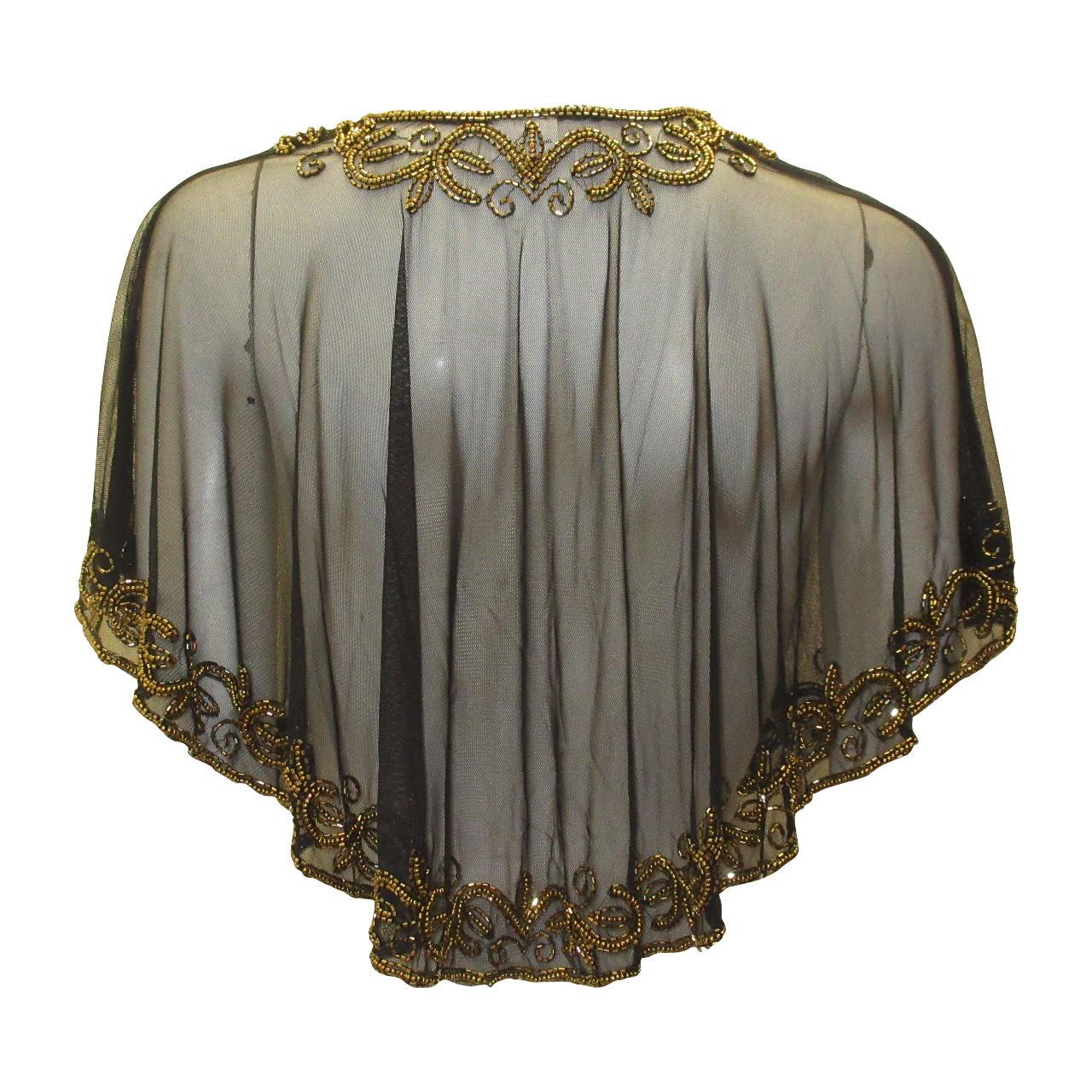 Vintage inspired Georgette Beaded Mesh Wedding Bridal Capelet Shawl Flapper Bolero Cover-up Black-Gold