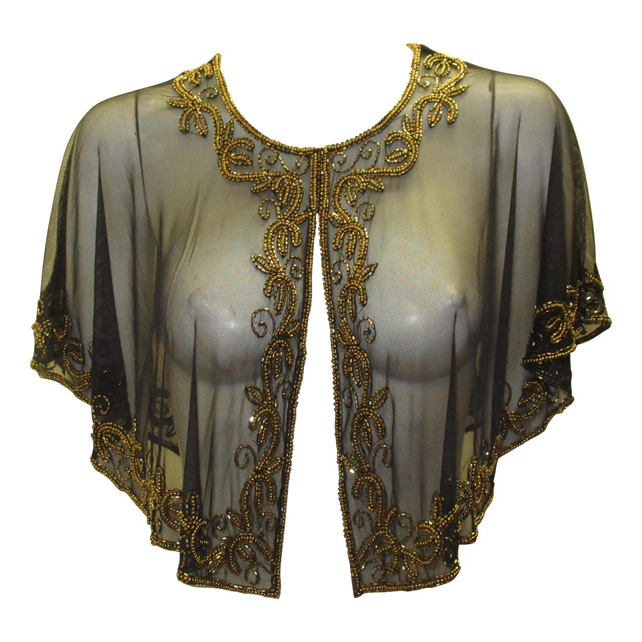 Vintage inspired Georgette Beaded Mesh Wedding Bridal Capelet Shawl Flapper Bolero Cover-up Black-Gold
