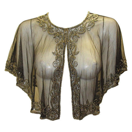 Vintage inspired Georgette Beaded Mesh Wedding Bridal Capelet Shawl Flapper Bolero Cover-up Black Silver
