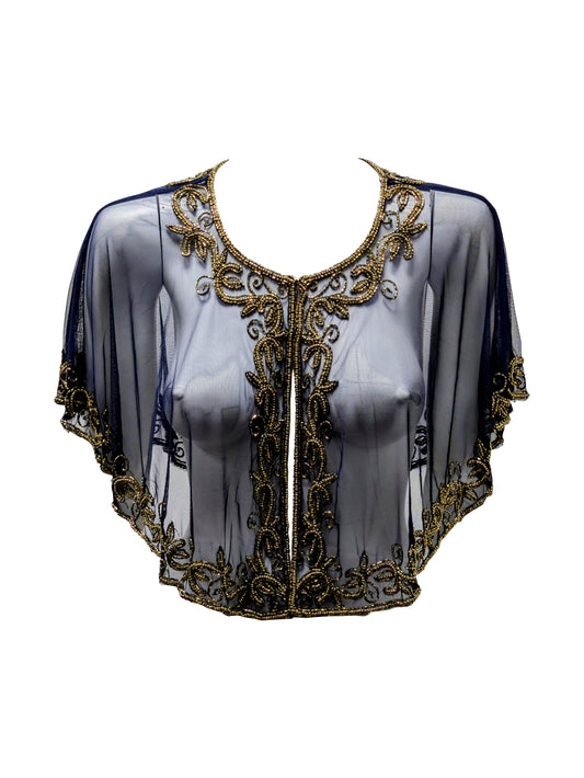 Vintage inspired Georgette Beaded Mesh Wedding Bridal Capelet Shawl Flapper Bolero Coverup Blue Gold
