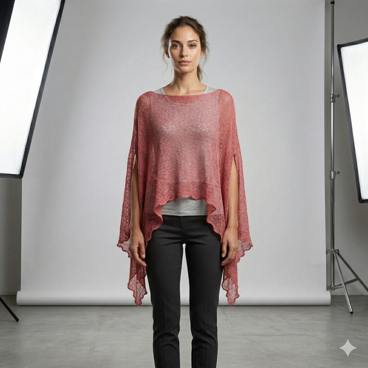 Plus Size Crochet Knit Poncho: Boho Pullover Shawl, Free Size 8-26 - Coral