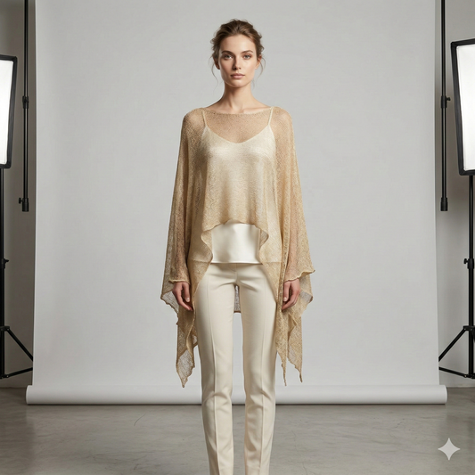 Plus Size Crochet Knit Poncho: Boho Pullover Shawl, Free Size 8-26 - Cream
