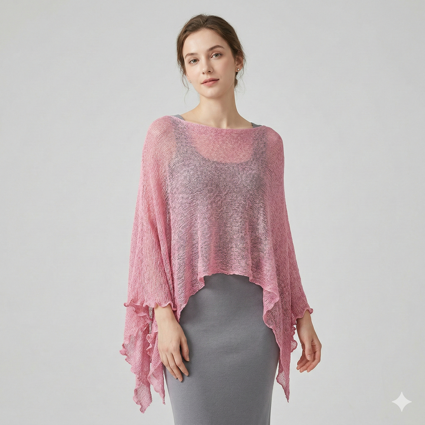 Plus Size Crochet Knit Poncho: Boho Pullover Shawl, Free Size 8-26 - Dusty Pink