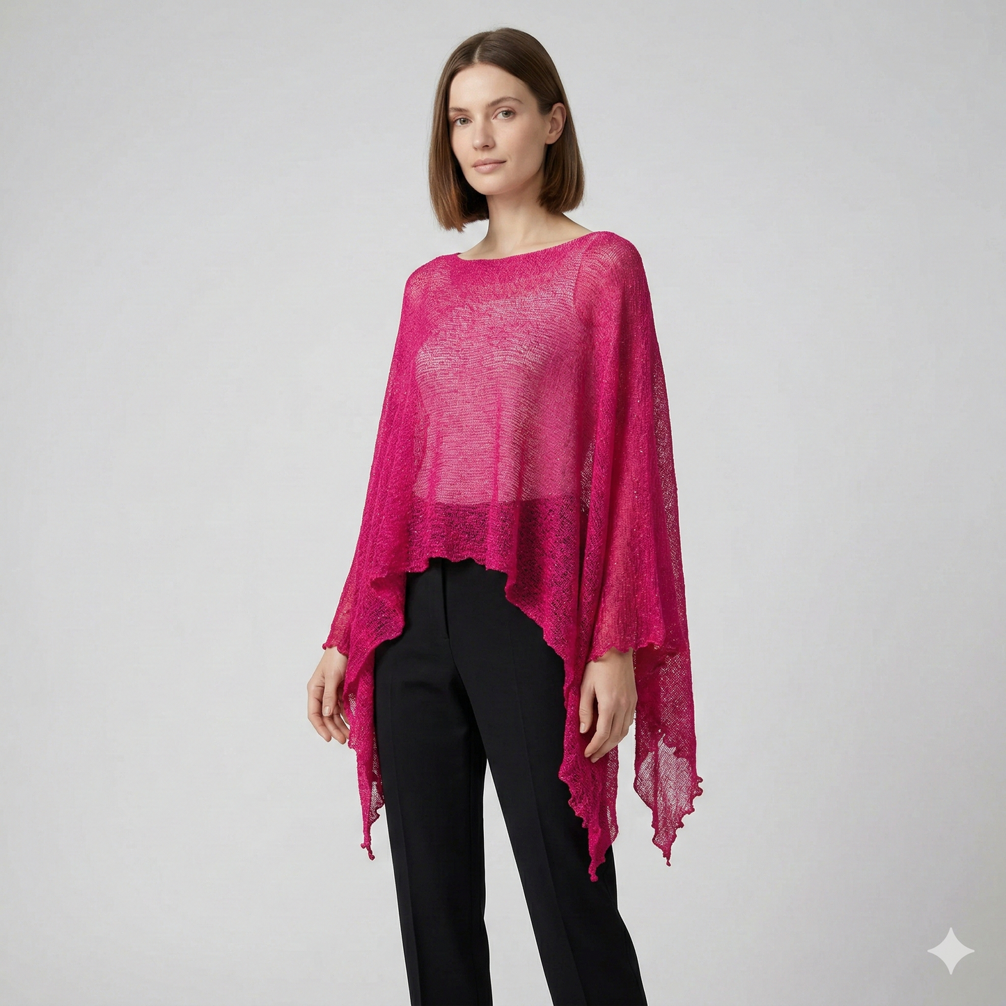 Plus Size Crochet Knit Poncho: Boho Pullover Shawl, Free Size 8-26 - Hot Pink