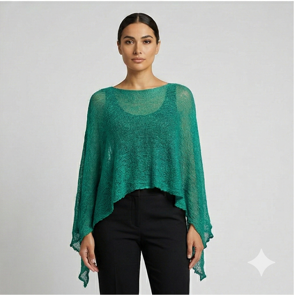 Plus Size Crochet Knit Poncho: Boho Pullover Shawl, Free Size 8-26 - Jade