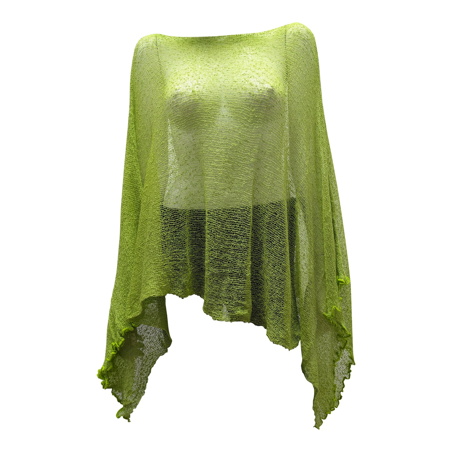 Plus Size Crochet Knit Poncho: Boho Pullover Shawl, Free Size 8-26 - Lime
