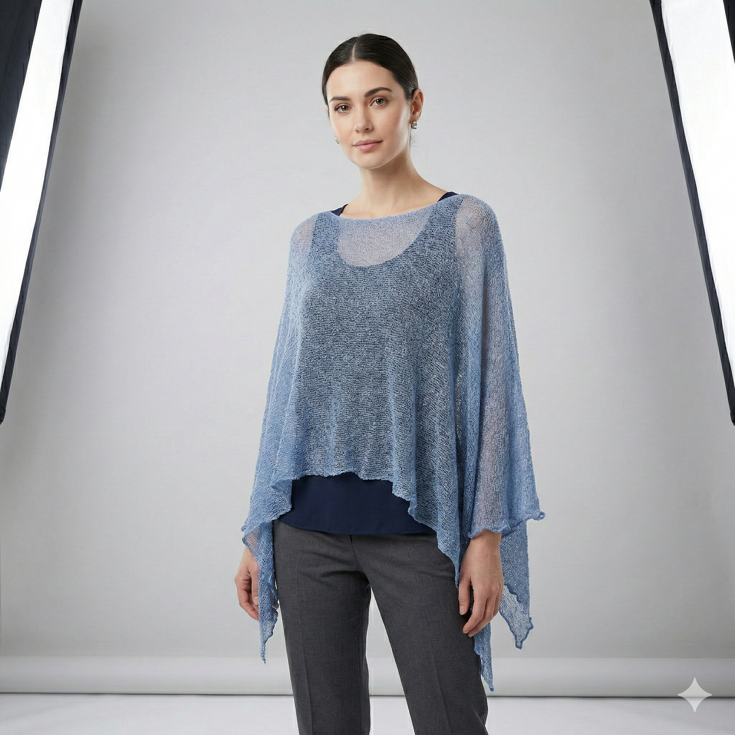 Plus Size Crochet Knit Poncho: Boho Pullover Shawl, Free Size 8-26 - Mid Blue