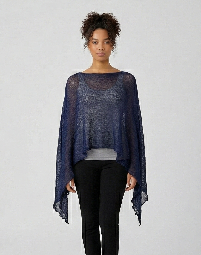 Plus Size Crochet Knit Poncho: Boho Pullover Shawl, Free Size 8-26 - Navy