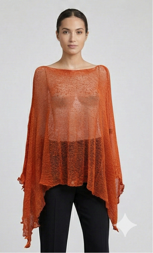 Plus Size Crochet Knit Poncho: Boho Pullover Shawl, Free Size 8-26 - Orange