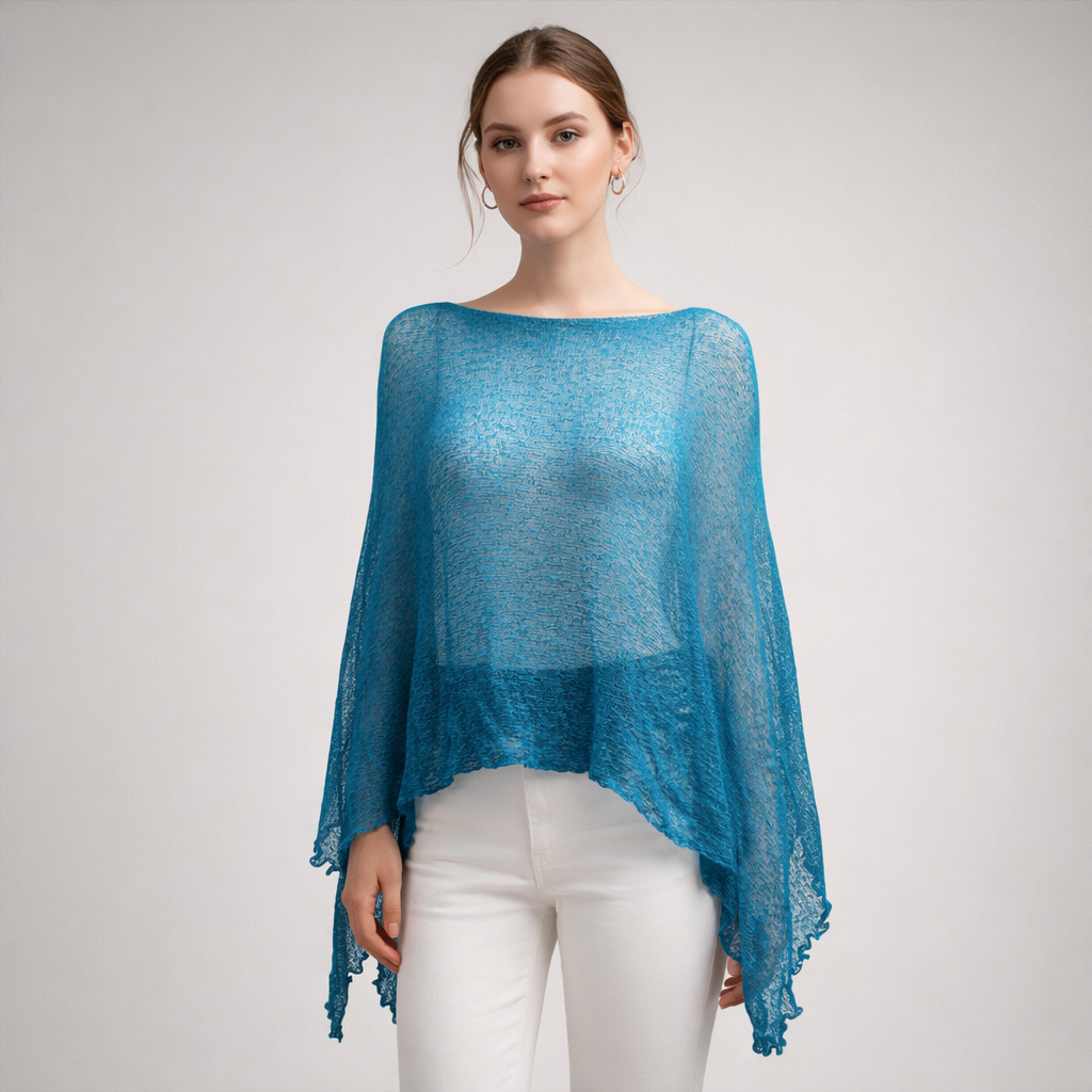Plus Size Crochet Knit Poncho: Boho Pullover Shawl, Free Size 8-26 - Petrol Blue