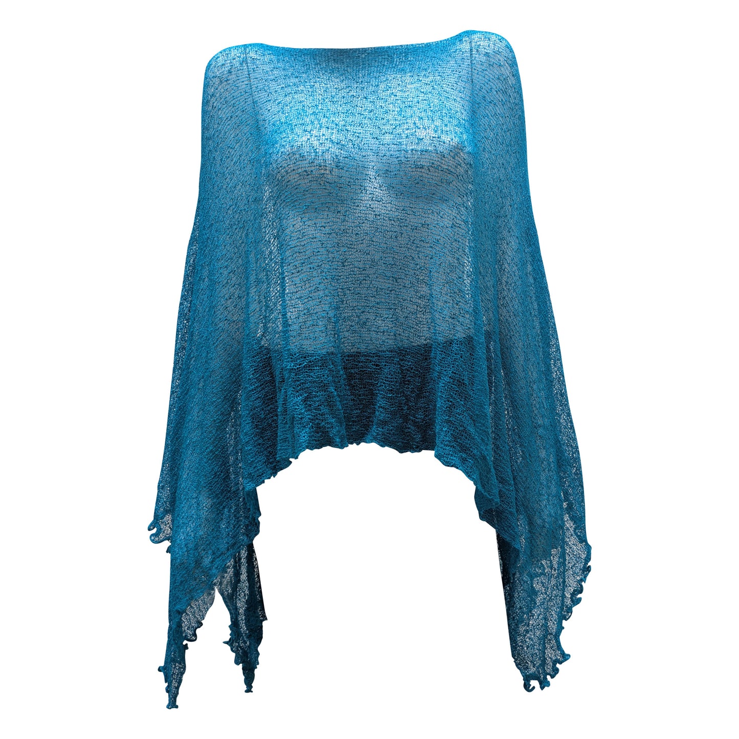 Plus Size Crochet Knit Poncho: Boho Pullover Shawl, Free Size 8-26 - Petrol Blue