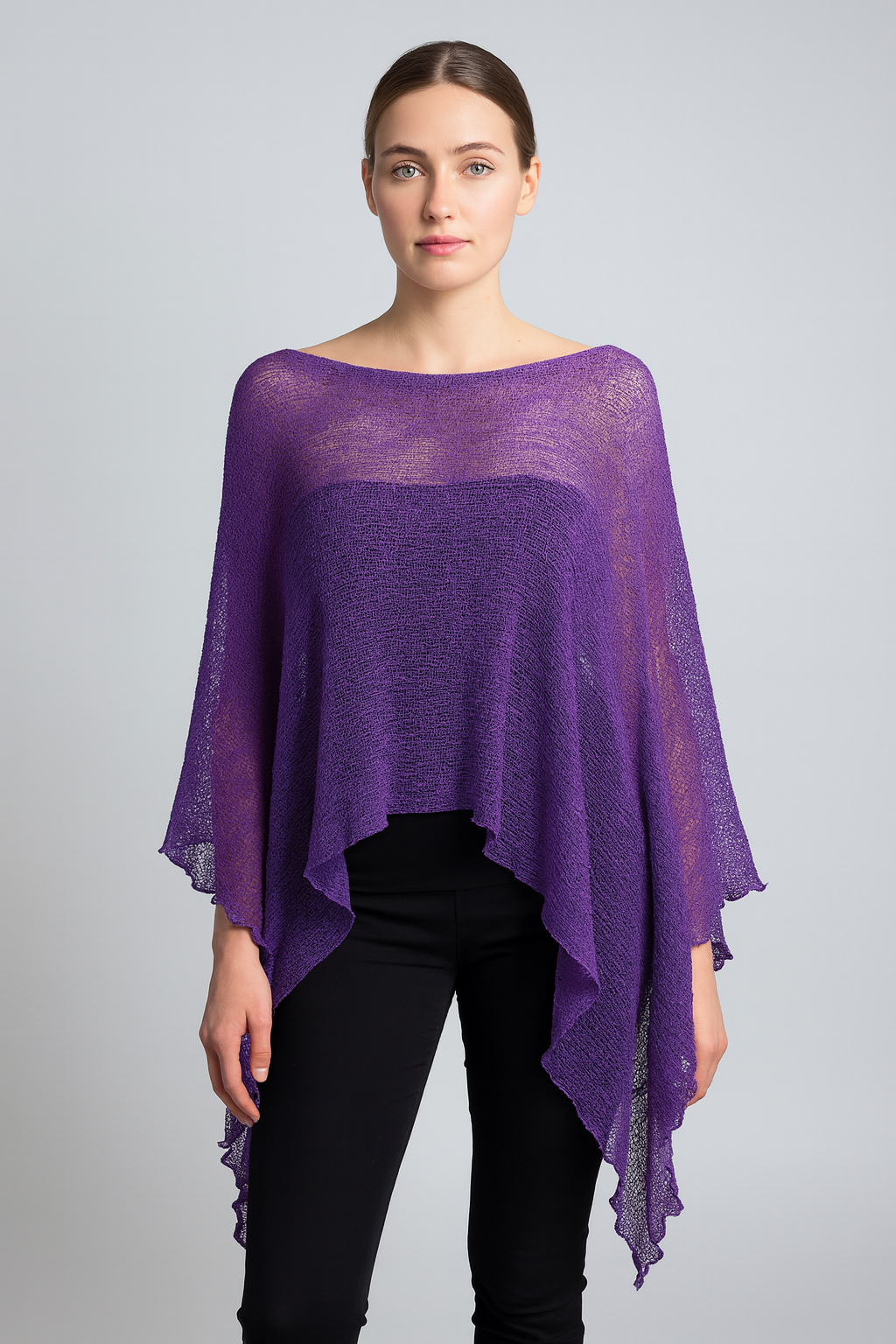Plus Size Crochet Knit Poncho: Boho Pullover Shawl, Free Size 8-26 - Purple
