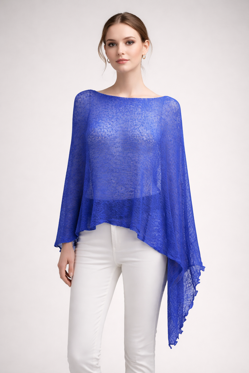 Plus Size Crochet Knit Poncho: Boho Pullover Shawl, Free Size 8-26 - Royal Blue