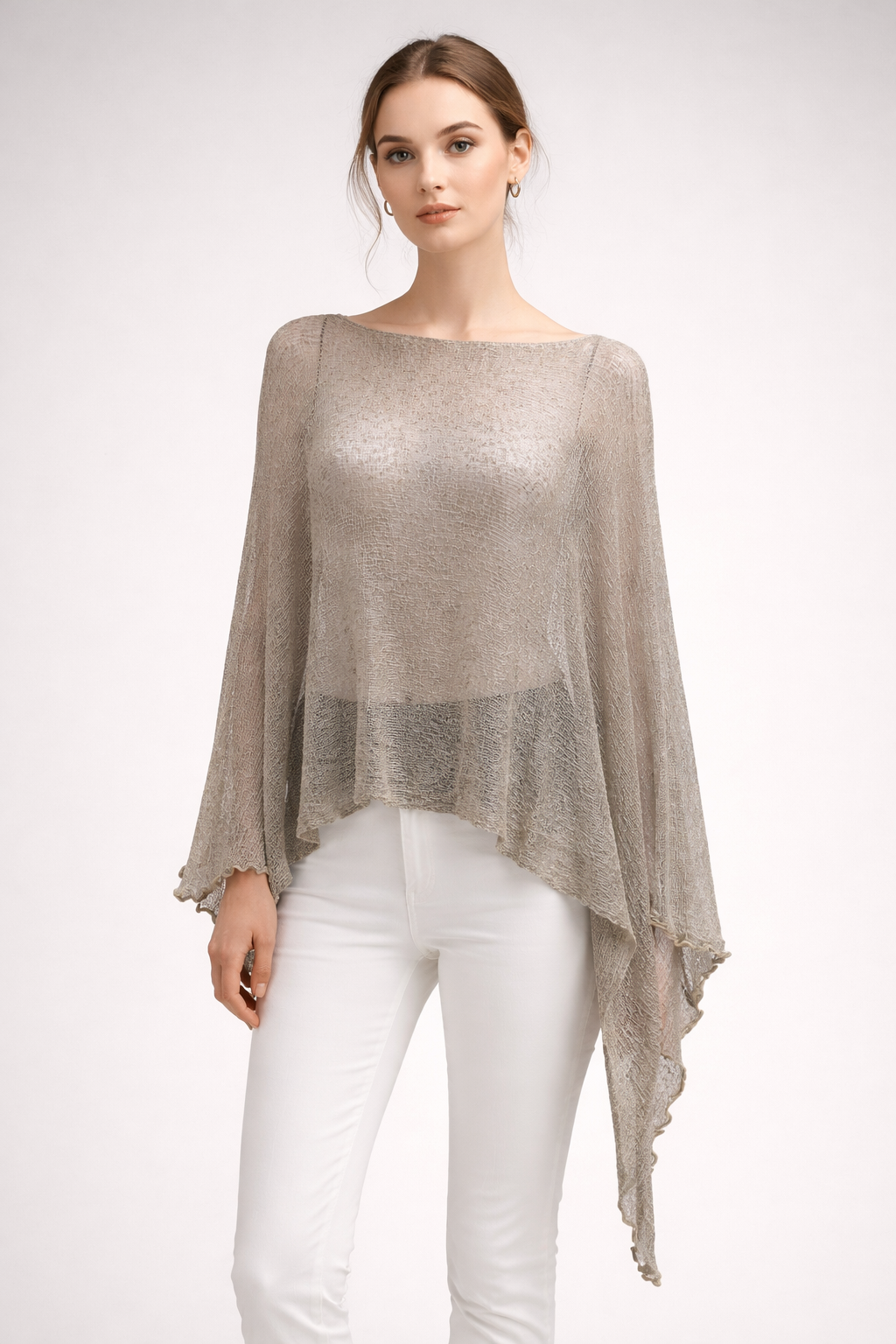 Plus Size Crochet Knit Poncho: Boho Pullover Shawl, Free Size 8-26 - Taupe