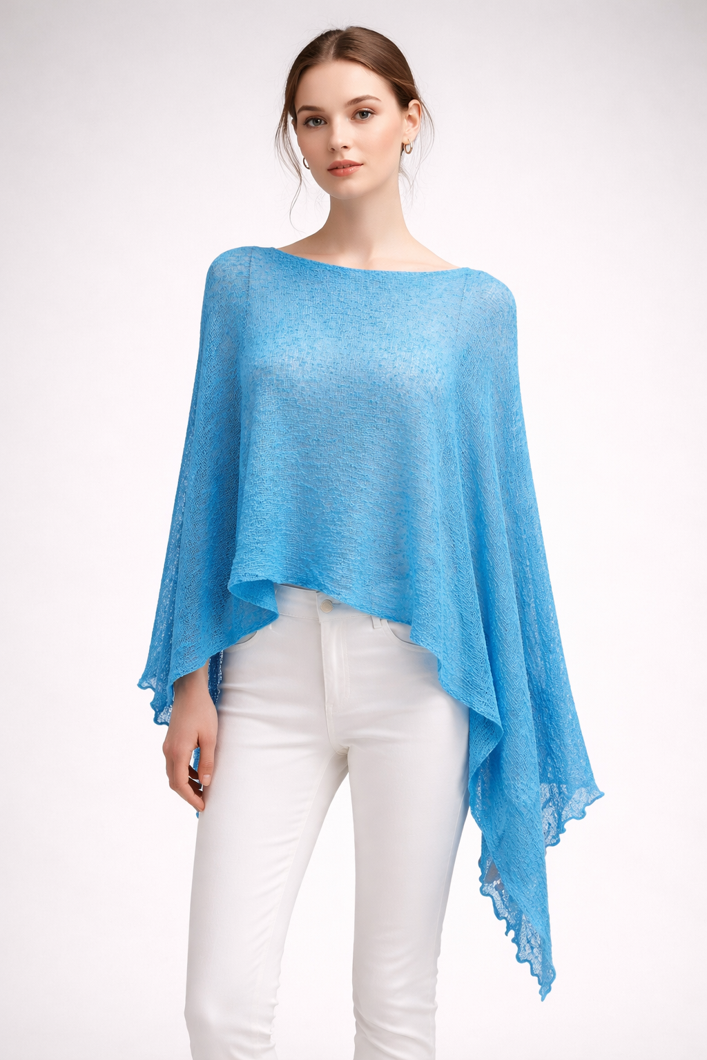 Plus Size Crochet Knit Poncho: Boho Pullover Shawl, Free Size 8-26 - Turquoise