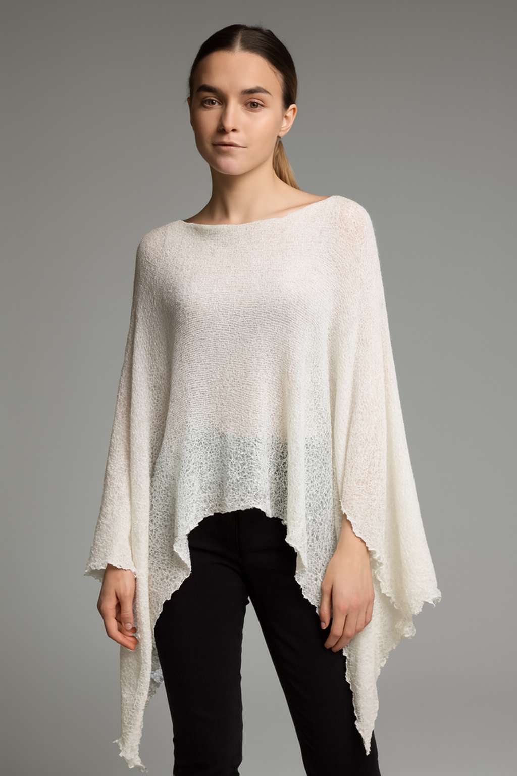 Plus Size Crochet Knit Poncho: Boho Pullover Shawl, Free Size 8-26 - White