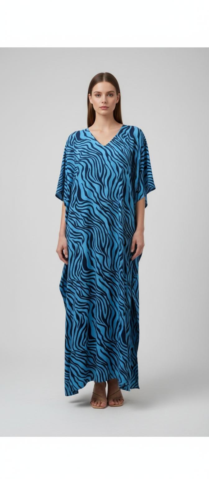 Women's Plus Size Kaftan Handmade Boho Zebra stripe Maxi Batwing Loungewear Free Size Up To 34 Blue