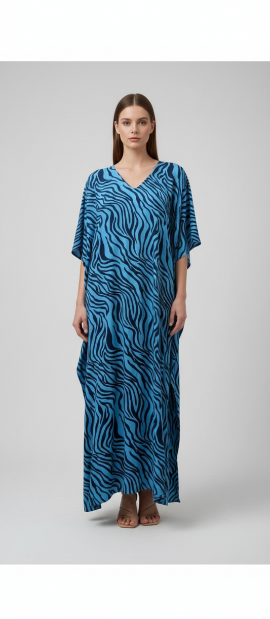 Women's Plus Size Kaftan Handmade Boho Zebra stripe Maxi Batwing Loungewear Free Size Up To 34 Blue