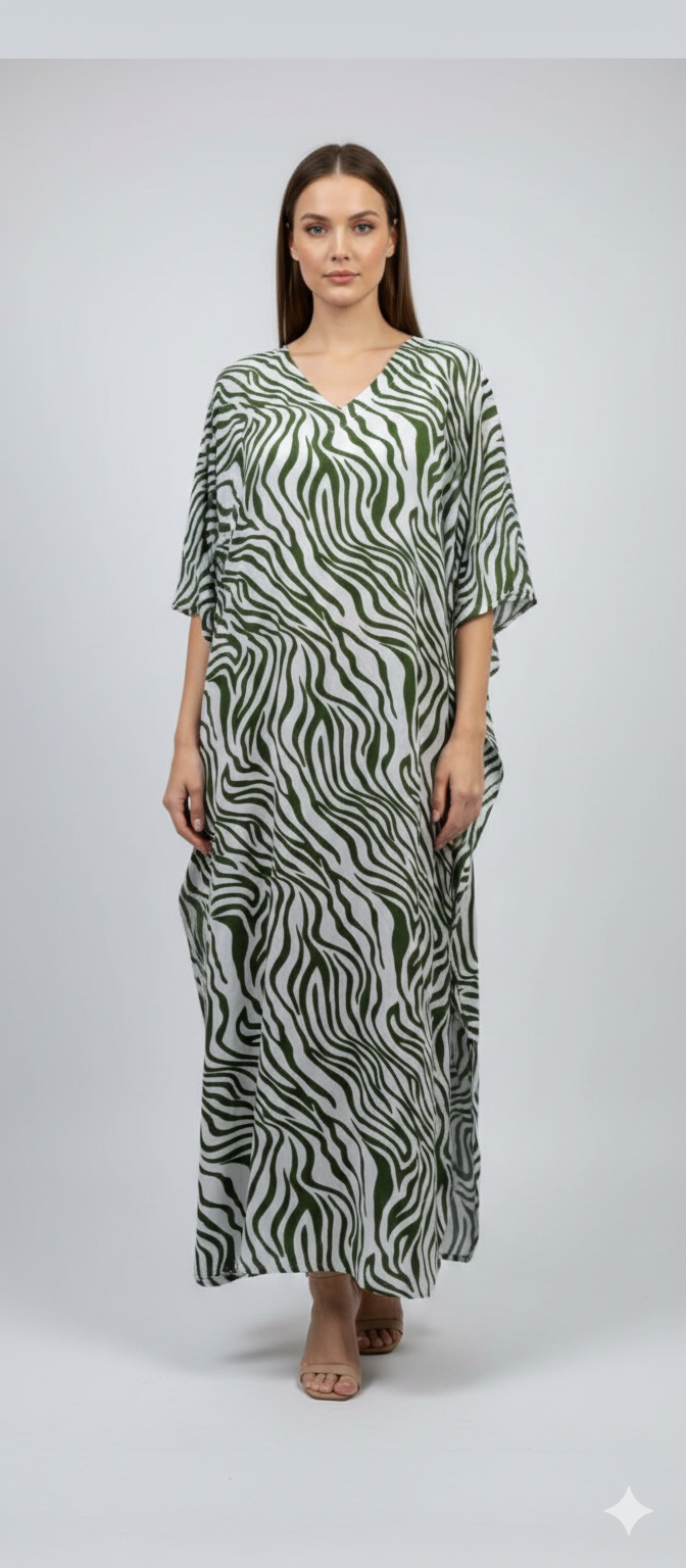 Women's Plus Size Kaftan Handmade Boho Zebra stripe Maxi Batwing Loungewear Free Size Up To 34 Green