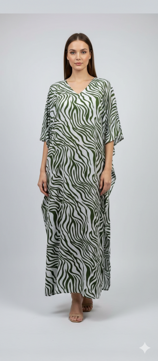 Women's Plus Size Kaftan Handmade Boho Zebra stripe Maxi Batwing Loungewear Free Size Up To 34 Green