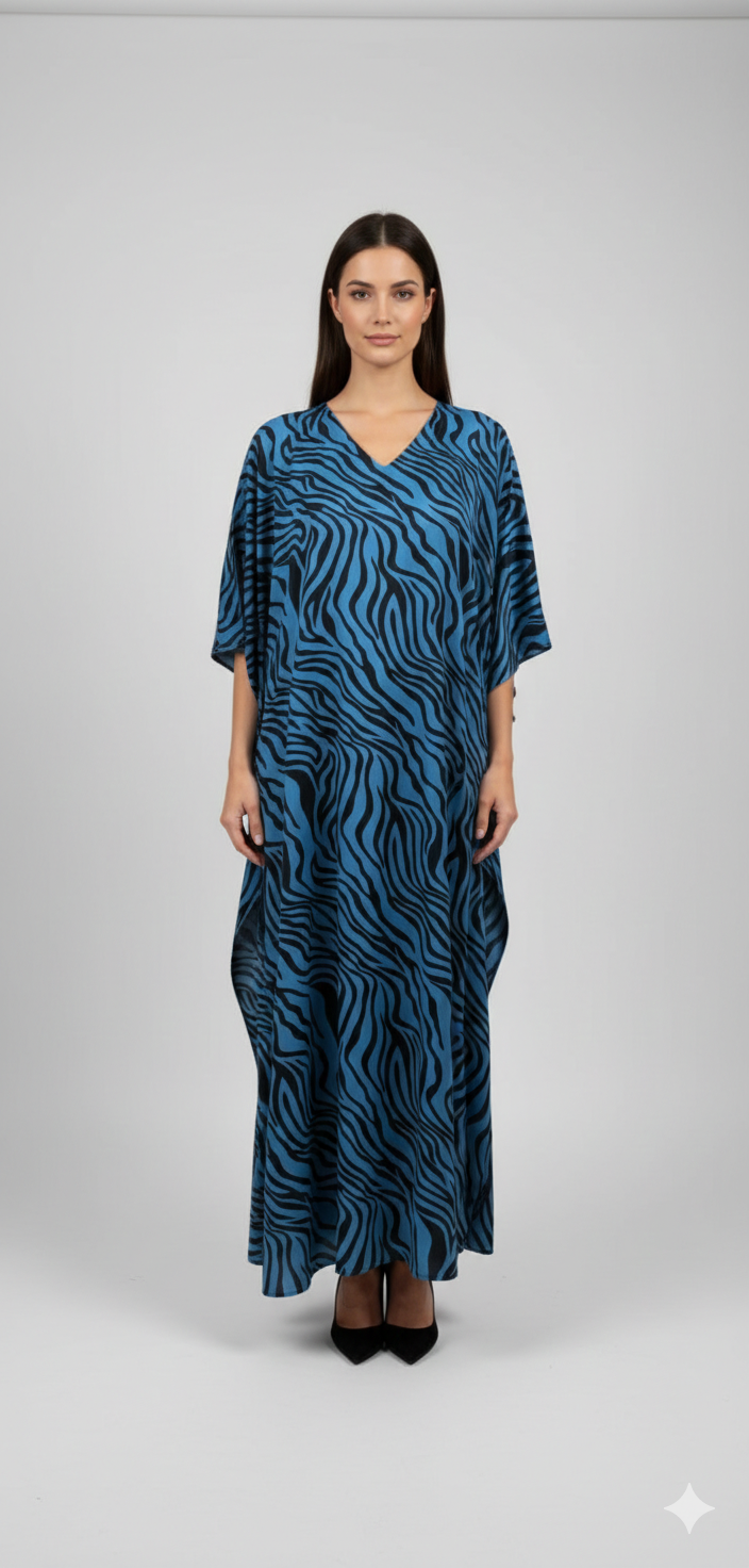 Women's Plus Size Kaftan Handmade Boho Zebra stripe Maxi Batwing Loungewear Free Size Up To 34 Navy