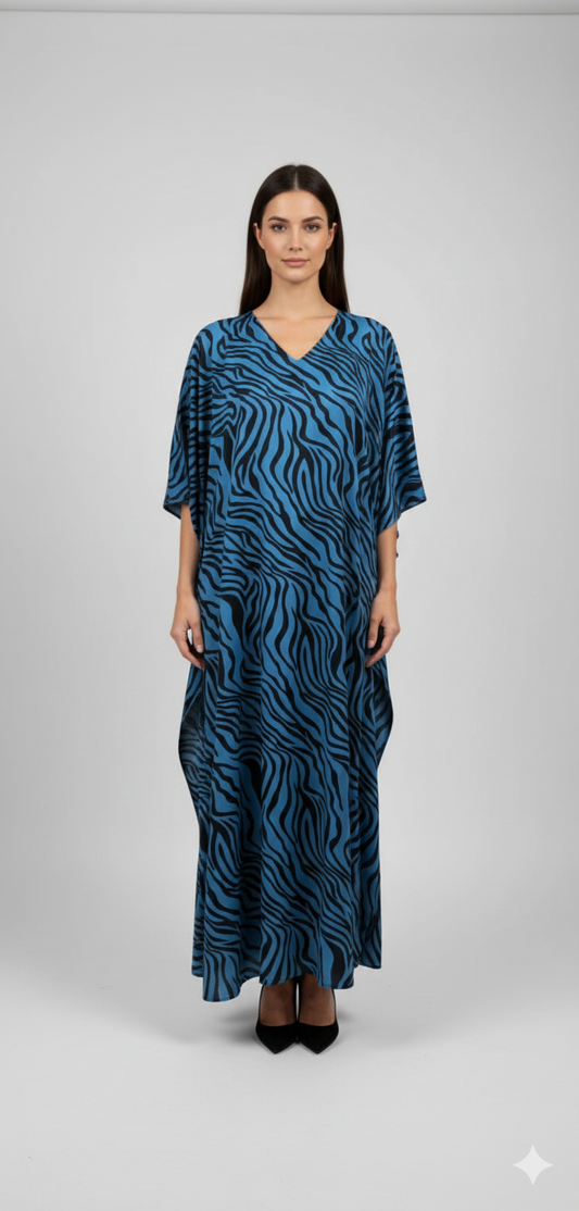 Women's Plus Size Kaftan Handmade Boho Zebra stripe Maxi Batwing Loungewear Free Size Up To 34 Navy