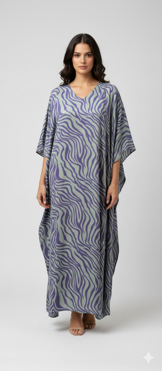 Women's Plus Size Kaftan Handmade Boho Zebra stripe Maxi Batwing Loungewear Free Size Up To 34 Purple