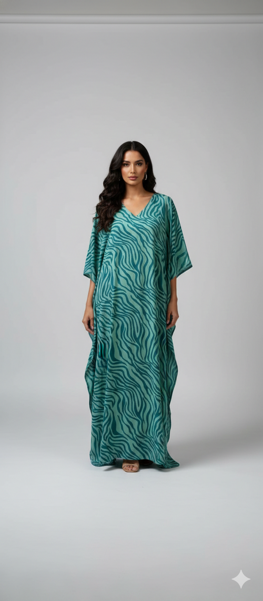 Women's Plus Size Kaftan Handmade Boho Zebra stripe Maxi Batwing Loungewear Free Size Up To 34 Turquoise