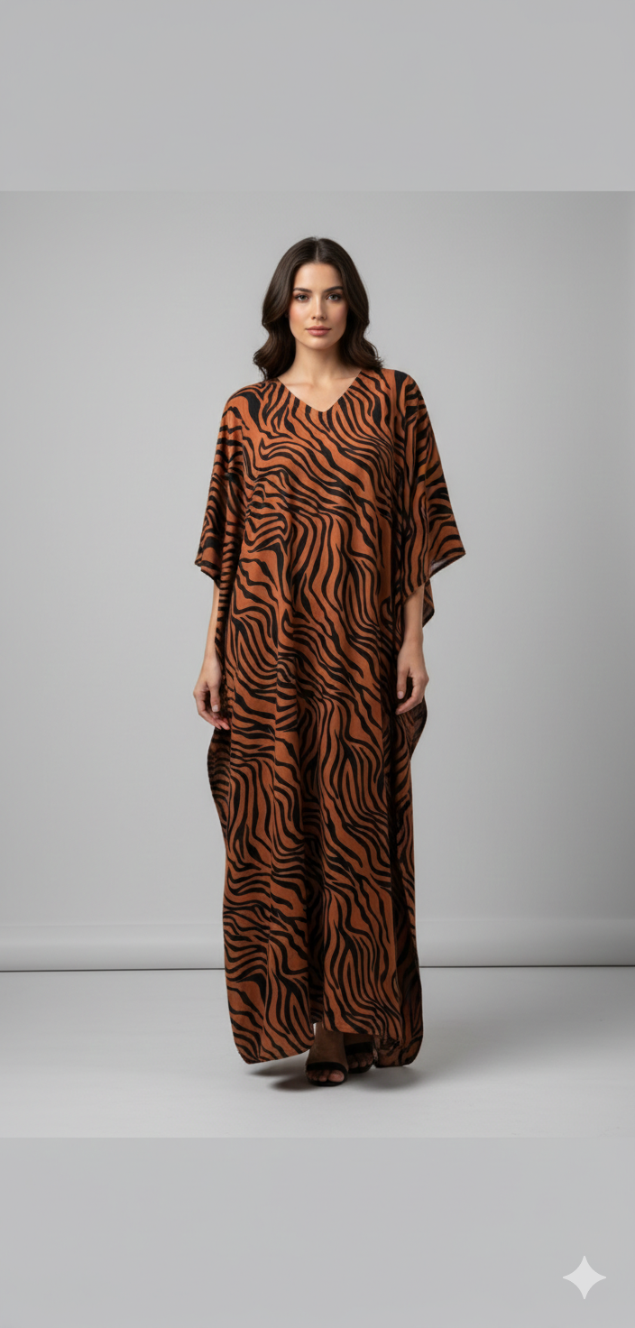 Women's Plus Size Kaftan Handmade Boho Zebra stripe Maxi Batwing Loungewear Free Size Up To 34 Rust