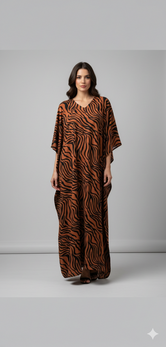 Women's Plus Size Kaftan Handmade Boho Zebra stripe Maxi Batwing Loungewear Free Size Up To 34 Rust