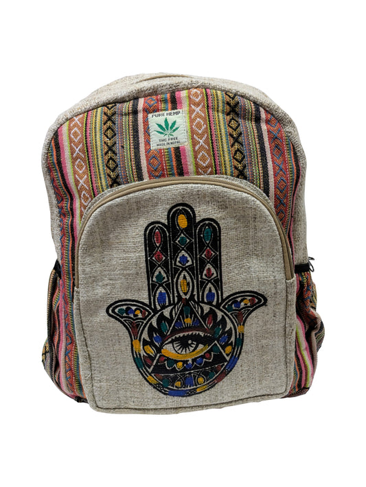 Himalayan Gheri Hamsa Print Hemp Cotton Eco-Friendly Travel Backpack with Multi Pockets P1