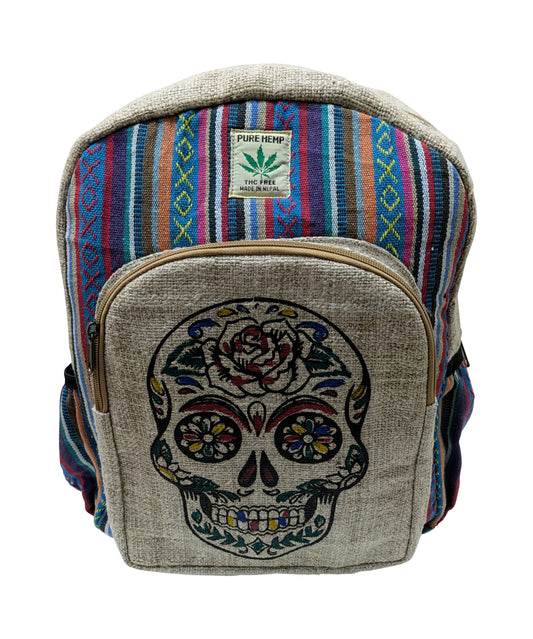 Himalayan Gheri Skull Print Hemp Cotton Eco-Friendly Travel Backpack with Multi Pockets