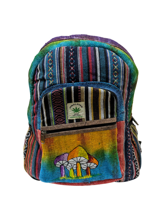 Himalayan Handmade Natural Hemp Cotton Tie-Dye Mushroom Embroidered Eco-Friendly Backpack with Multi Pockets Sustainable Travel Bag P1