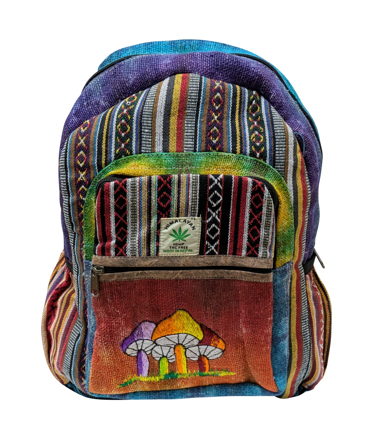 Himalayan Handmade Natural Hemp Cotton Tie-Dye Mushroom Embroidered Eco-Friendly Backpack with Multi Pockets Sustainable Travel Bag P3