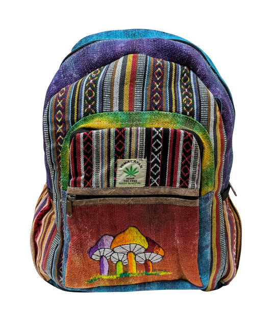 Himalayan Handmade Natural Hemp Cotton Tie-Dye Mushroom Embroidered Eco-Friendly Backpack with Multi Pockets Sustainable Travel Bag P3