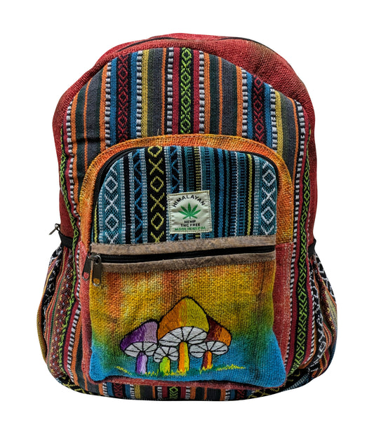 Himalayan Handmade Natural Hemp Cotton Tie-Dye Mushroom Embroidered Eco-Friendly Backpack with Multi Pockets Sustainable Travel Bag P4